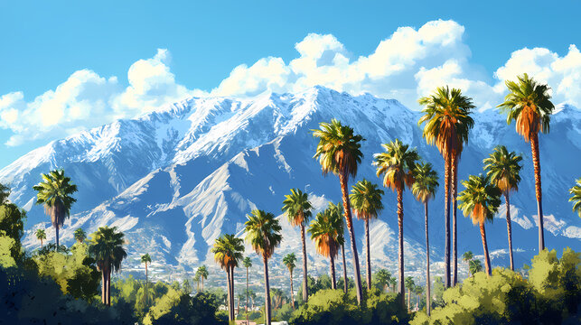 Sunny day in rancho cucamonga, california, with palm trees swaying in the breeze and majestic san gabriel mountains towering in the background landscape. Foothill. Illustration