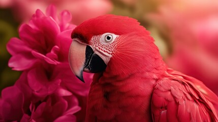 Fototapeta premium striking red parrot sits gracefully among vivid pink flowers in a lush garden, showcasing its colorful feathers and expressive gaze as sunlight filters through the blooms