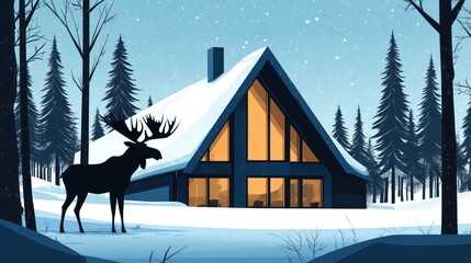 Snowy winter cabin, moose silhouette, forest scene, cozy night