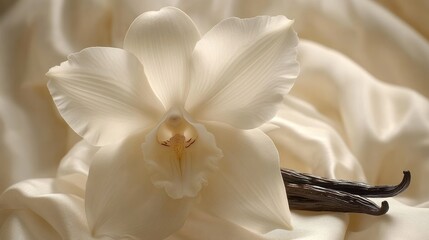 Obraz na płótnie Canvas Exquisite white orchid and vanilla pods on a smooth cream-colored fabric.