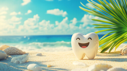 Cheerful tooth character on sunny beach, dental paradise concept