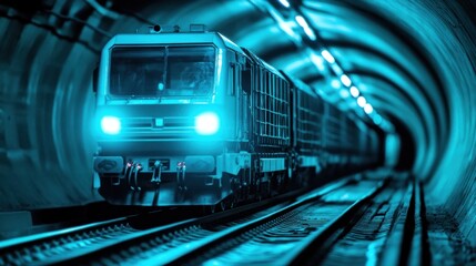 Fototapeta premium train with bright blue lights travels through a dark underground tunnel, illuminating the tracks as it moves forward, showcasing the contrast between light and darkness in the setting
