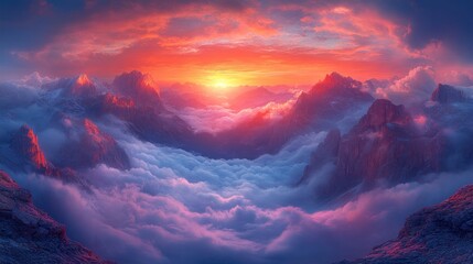 Epic sunrise over a majestic mountain range shrouded in vibrant clouds.
