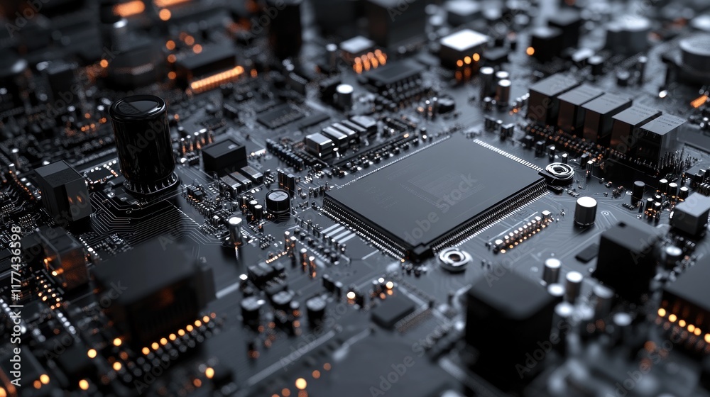 Fototapete close-up of a complex electronic circuit board with various components and connections.