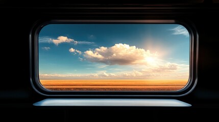 Bright clouds hover over a golden landscape as the sun rises, creating a tranquil and picturesque view from the train window during early morning travel