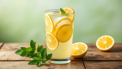 Fototapeta premium Clear glass, refreshing lemonade, ice cubes, lemon slices, fresh mint leaves, condensation, wooden table, green background, summer drink, citrus beverage, vibrant colors