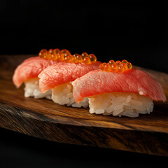 A single piece of tuna sashimi with caviar on top, sitting atop an ancient wooden board against a dark background. 
