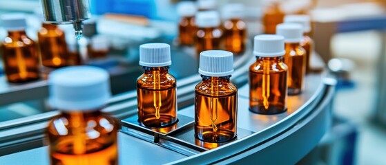 A close-up view of amber bottles on a production line, indicating a manufacturing process, likely related to pharmaceuticals or essential oils.