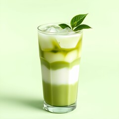 Green cocktail, layered drink, tall glass, ice cubes, mint garnish, creamy bottom layer, clear top layer, white background
