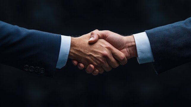 Two business professionals engage in a firm handshake, symbolizing a successful agreement or partnership during a meeting in a muted lighting environment