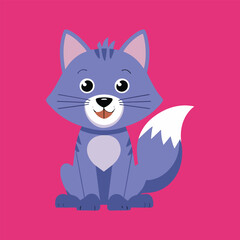 Happy purple cat sitting pink background, kids