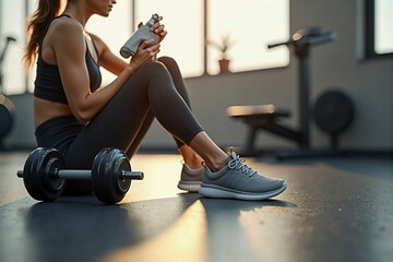Fit woman relaxing after workout in a modern gym - holding a water bottle, strength training, and a healthy lifestyle concept
