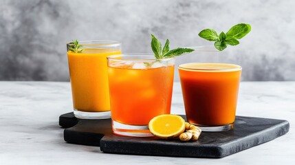 Fototapeta premium Refreshing drinks on a slate surface with mint and citrus accents.