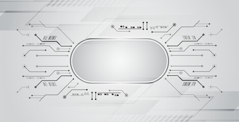Vector illustration of printed circuit board and gray stripes. Abstract futuristic communication. High-tech gray background with various technological elements.