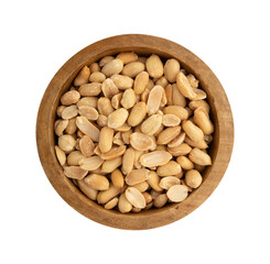 pile of roasted shelled peanuts in wooden bowl isolated on white background