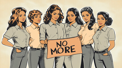 A comic book-style depiction of six diverse women standing close, wearing casual button-down shirts in soft khaki, peach, and gray tones