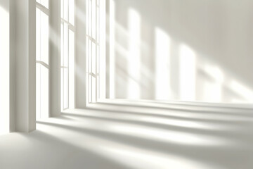 Obraz premium Sunlit Modern Room: Rays of sunlight stream through large windows in a minimalist, modern room, creating a serene and bright atmosphere. The image is ideal for showcasing interior design.