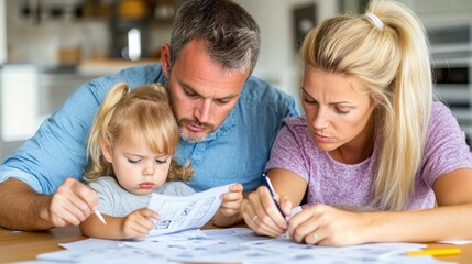Fototapeta premium A family of three focuses on various creative projects at a kitchen table, with the parents assisting their young child in drawing and coloring, fostering a joyful atmosphere