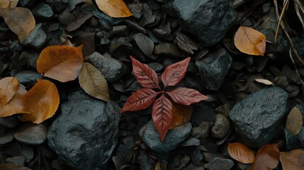 Autumn Leaf on Dark Stones