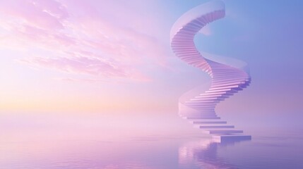 Obraz premium Enchanting Spiral Staircase in Dreamlike Setting | Pastel Twilight Sky, Misty Lake | Ultra-Detailed Lucid Dream Concept Artwork