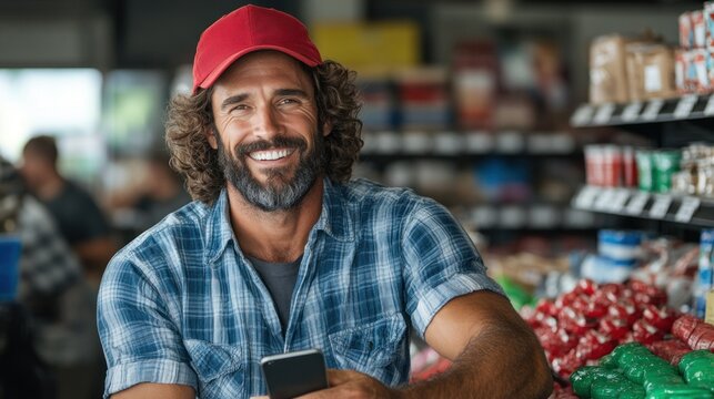 man with curly hair and a red cap is sitting in a grocery store aisle. He smiles while holding a smartphone, surrounded by colorful produce and various grocery items
