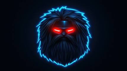 Stylized neon portrait of a man with long hair and beard, glowing red eyes.