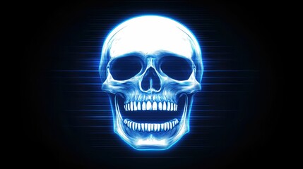 Glowing blue skull digital art on dark background.