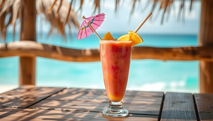 Tropical layered cocktail, colorful gradient drink, beach scenery, wooden table, ocean view, palm tree leaf, paper umbrella, orange garnish, bent straw, refreshing beverage