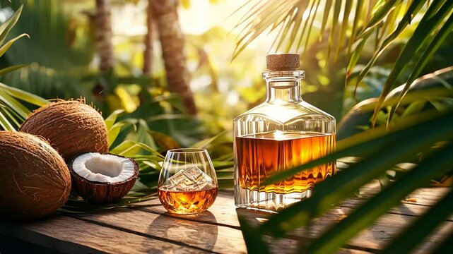 A glass of golden rum and a bottle sit on a rustic wooden table surrounded by fresh coconuts and lush green palm leaves.
