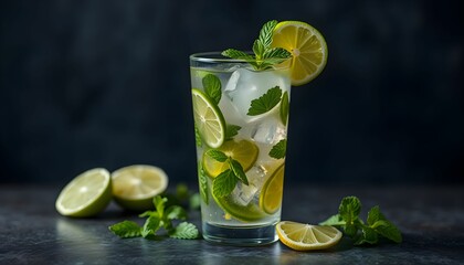 Refreshing cocktail, glass of lemonade, ice cubes, fresh mint leaves, sliced lemons, dark background, vibrant green, yellow citrus