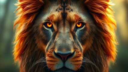 Naklejka premium A calm yet fierce lion surrounded by a misty ethereal green forest.