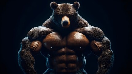 Fototapeta premium 3D render of a muscular bear bodybuilder in a cinematic Unreal Engine style. Fusion of Strength, Power, and Artistic Visualization with Nature. Cartoon Bodybuilder Bear Mascots anima illisturation