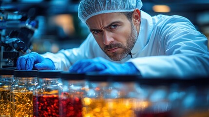 researcher in a white lab coat and blue gloves closely examines jars filled with vibrant substances in a modern laboratory setting