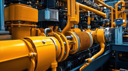 Close-up of industrial machinery with vibrant orange pipes and components.