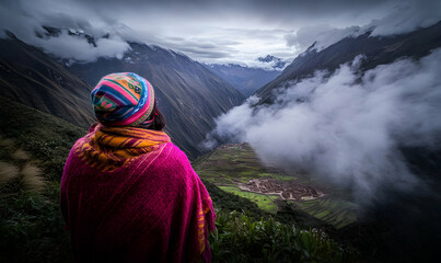 Woman in vibrant Andean attire gazes at breathtaking misty mountain valley and ancient terraces.  A stunning vista of Peru's natural beauty.