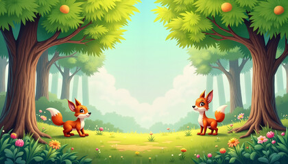 Charming forest with cartoon-style trees and lush foliage, playful fox characters in a sunny atmosphere