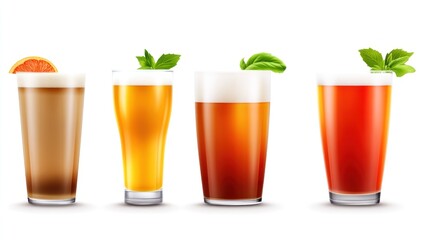 A variety of four different types of beverages in glasses.