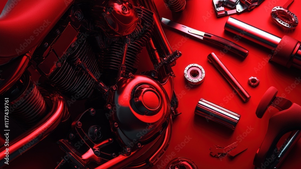 Poster close-up of motorcycle parts and tools on a red background, emphasizing mechanical work.