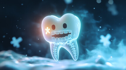 Ghostly tooth mascot floating in mystical winter scene