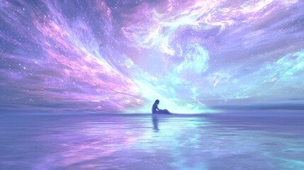 Ethereal Encounter: Luminous Woman Dancing with Sleeping Traveler in Aurora-Lit Shoreline - Ultra-Detailed Lucid Dream Concept Artwork