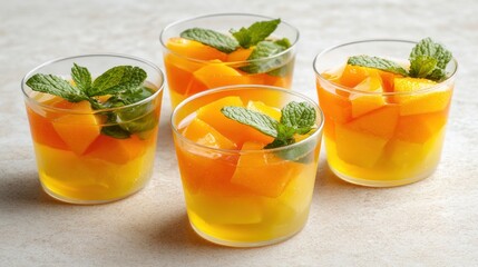 Fototapeta premium Colorful fruit jelly cups topped with mint leaves, perfect for a refreshing dessert.