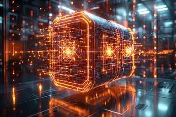 Glowing data cube with circuits in tech server room, data processing