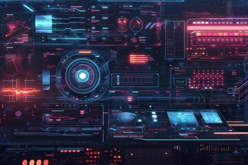 Obraz premium Futuristic Cybernetic Interface with Glowing Displays and Digital Data