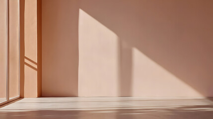 Fototapeta premium empty room with soft pastel pink walls and gentle shadows creating serene atmosphere. light enhances calmness of space, perfect for relaxation