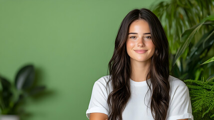 Confident young woman smiling, green background, lush plants,  website banner, profile picture.