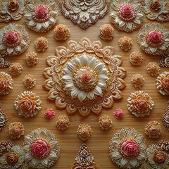 Ornate floral dough art arrangement on wood, intricate background detail
