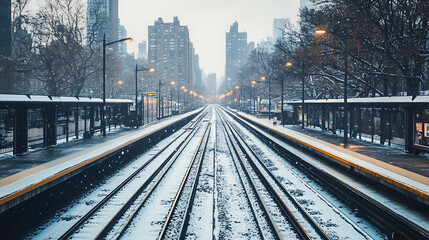 Fototapeta premium Railway tracks in a serene mood during winter in an urban setting