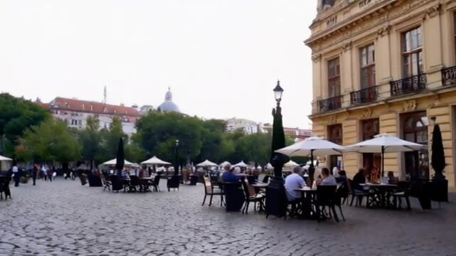 Outdoor caffe Scene in Cobblestone Plaza with Umbrellas and Patrons