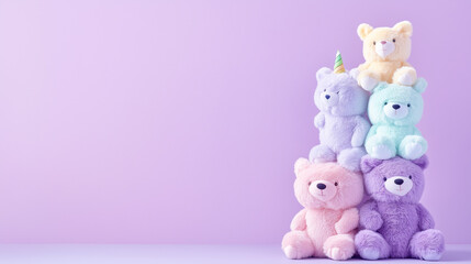 Obraz premium The stack of plush animals is visually engaging and playful. Pastel purple background.