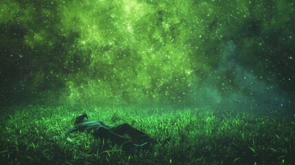 Fototapeta premium Ethereal Midnight Meadow: Lucid Dream Concept Art with Bioluminescent Grass, Dreamy Figure, and Meteor Showers | Cinematic Fantasy Landscape
